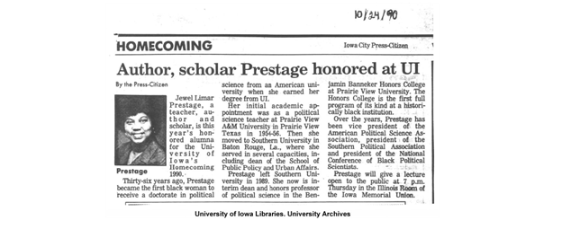 A newspaper clipping from the Iowa City Press Citizen features a celebration at the University of Iowa to honor Dr. Prestage. Credit: University of Iowa Libraries